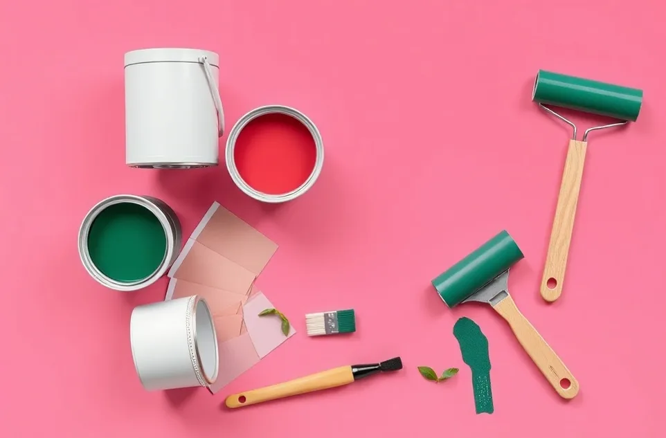 Pots de peinture, nuancier, brosses et rouleaux disposés à plat