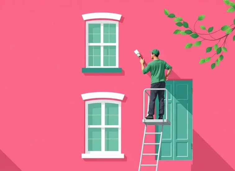 Peintre sur échafaudage traitant la façade d'une maison